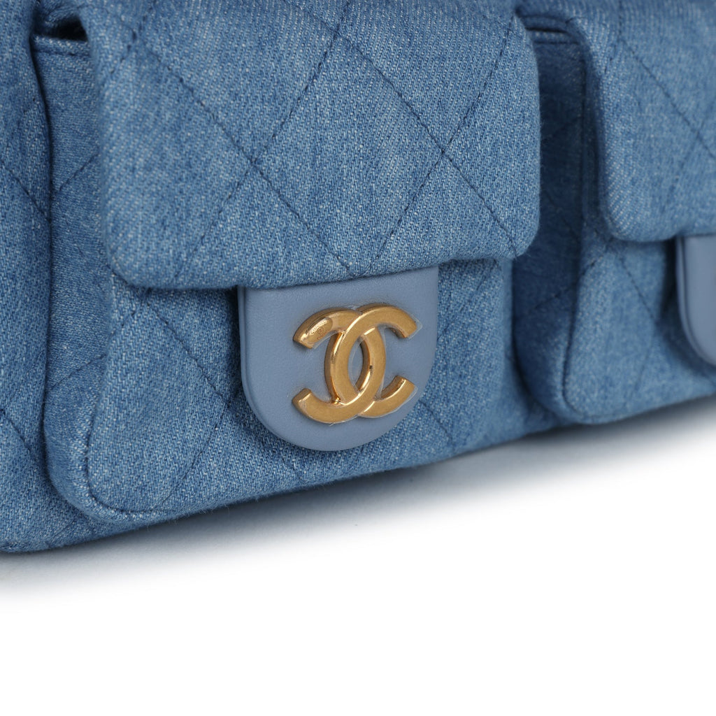Large Cargo Hobo Bag Light Blue Washed Denim Brushed Gold Hardware