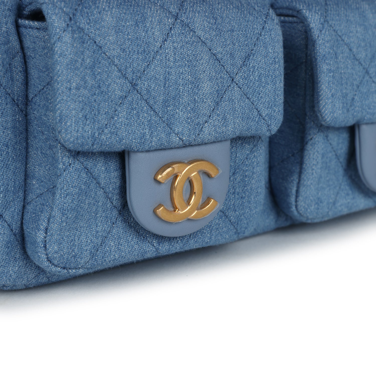 Large Cargo Hobo Bag Light Blue Washed Denim Brushed Gold Hardware