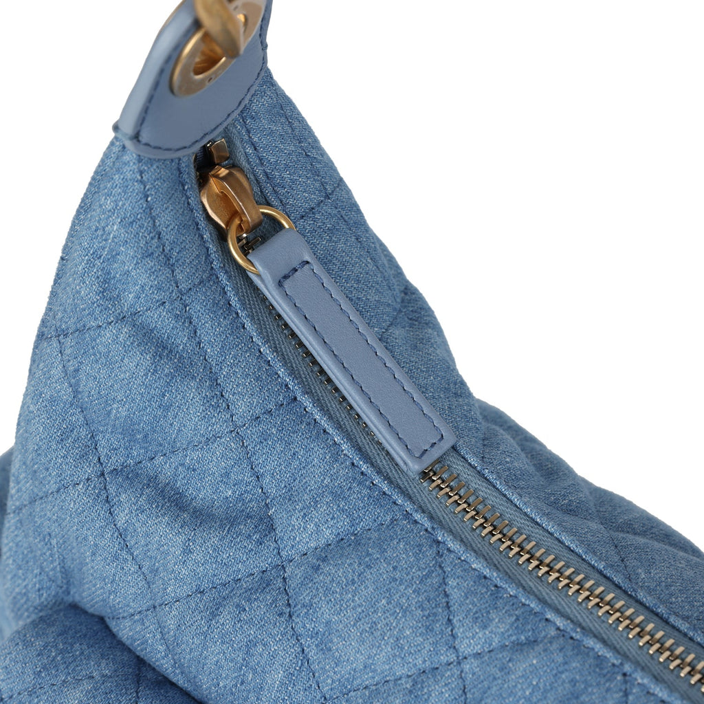 Large Cargo Hobo Bag Light Blue Washed Denim Brushed Gold Hardware