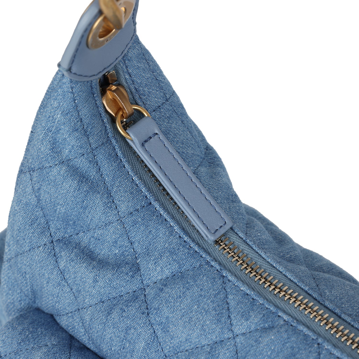 Large Cargo Hobo Bag Light Blue Washed Denim Brushed Gold Hardware