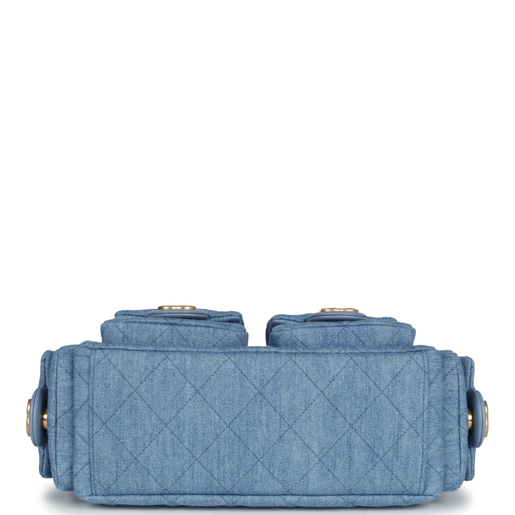 Large Cargo Hobo Bag Light Blue Washed Denim Brushed Gold Hardware