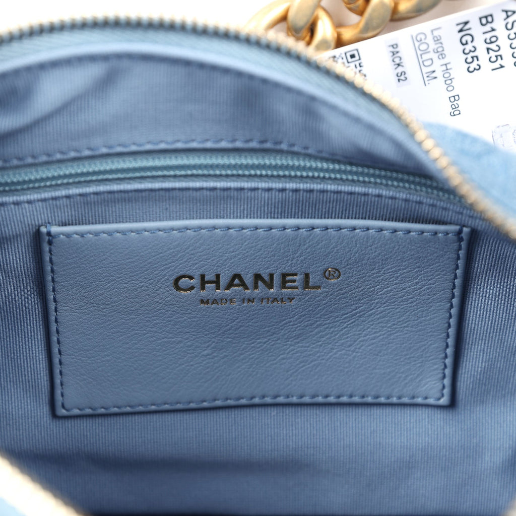 Large Cargo Hobo Bag Light Blue Washed Denim Brushed Gold Hardware
