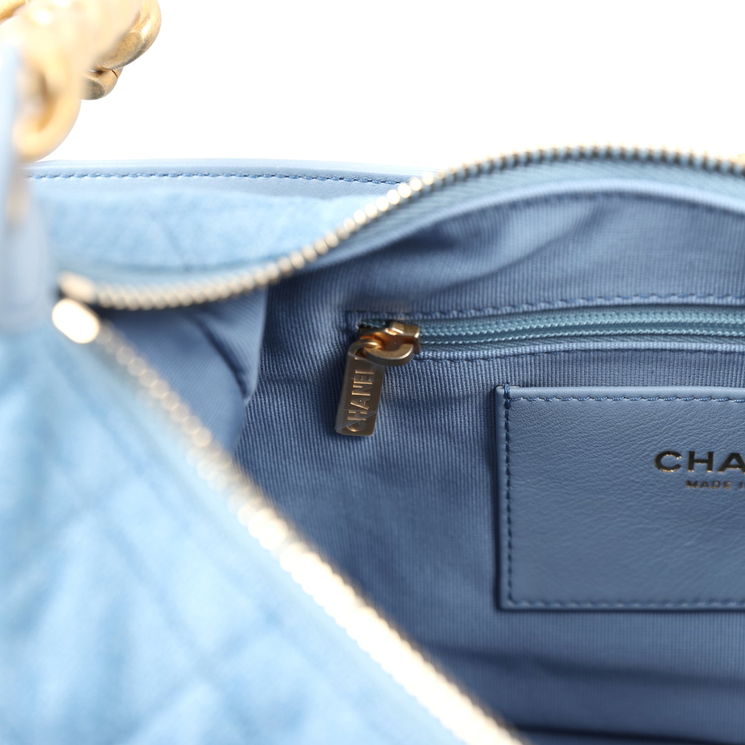 Large Cargo Hobo Bag Light Blue Washed Denim Brushed Gold Hardware