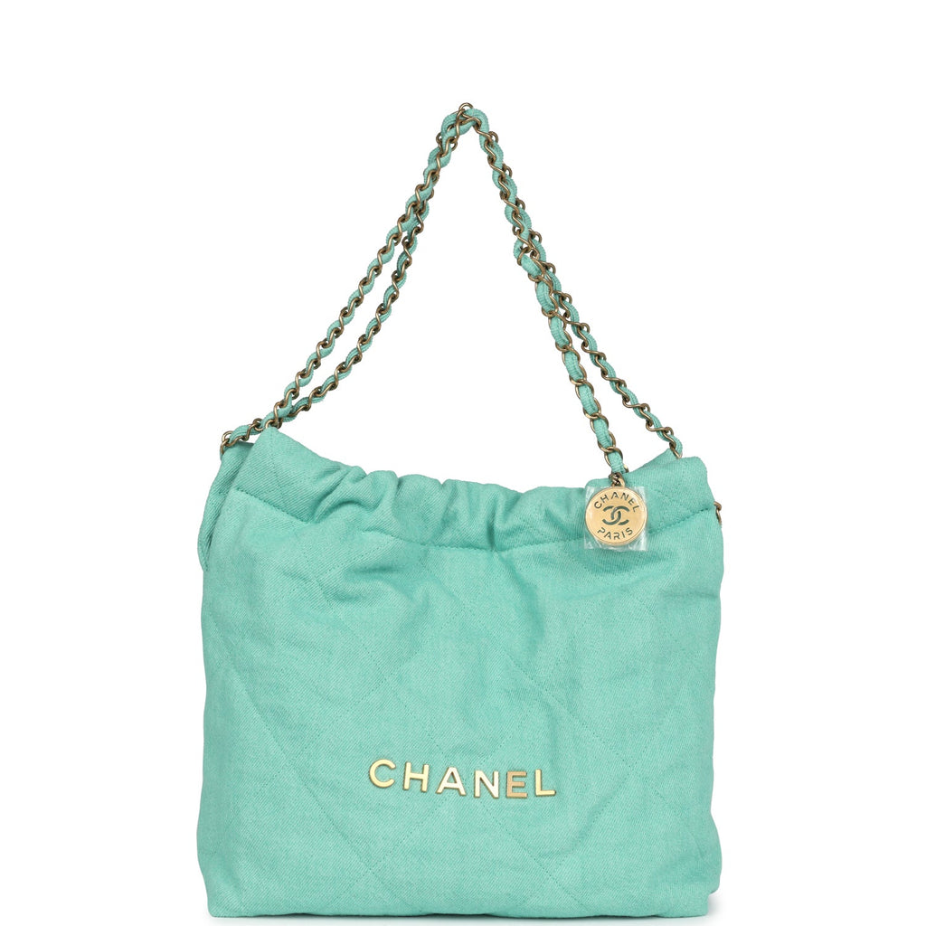 Small 22 Bag Light Green Washed Denim Gold Hardware