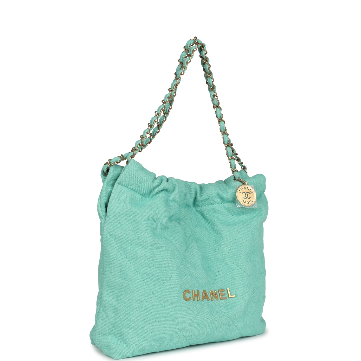 Small 22 Bag Light Green Washed Denim Gold Hardware