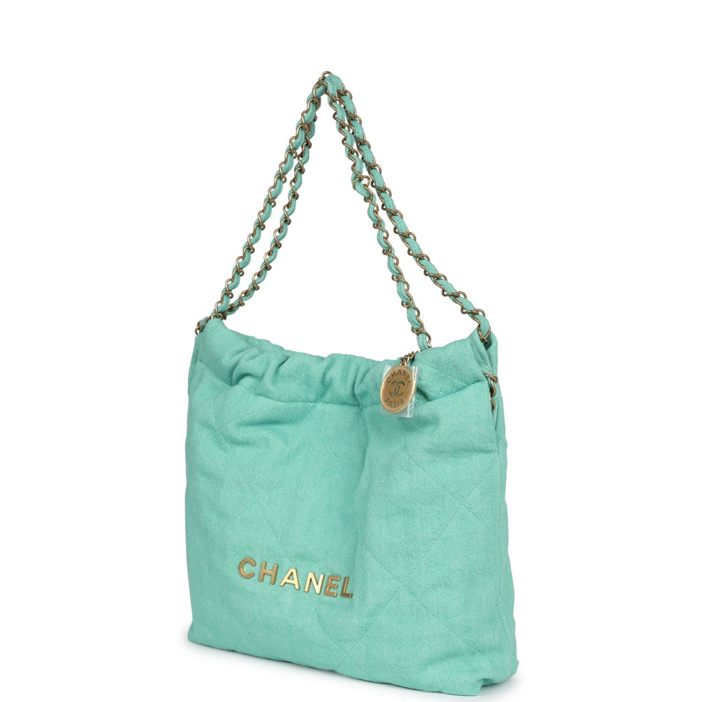 Small 22 Bag Light Green Washed Denim Gold Hardware