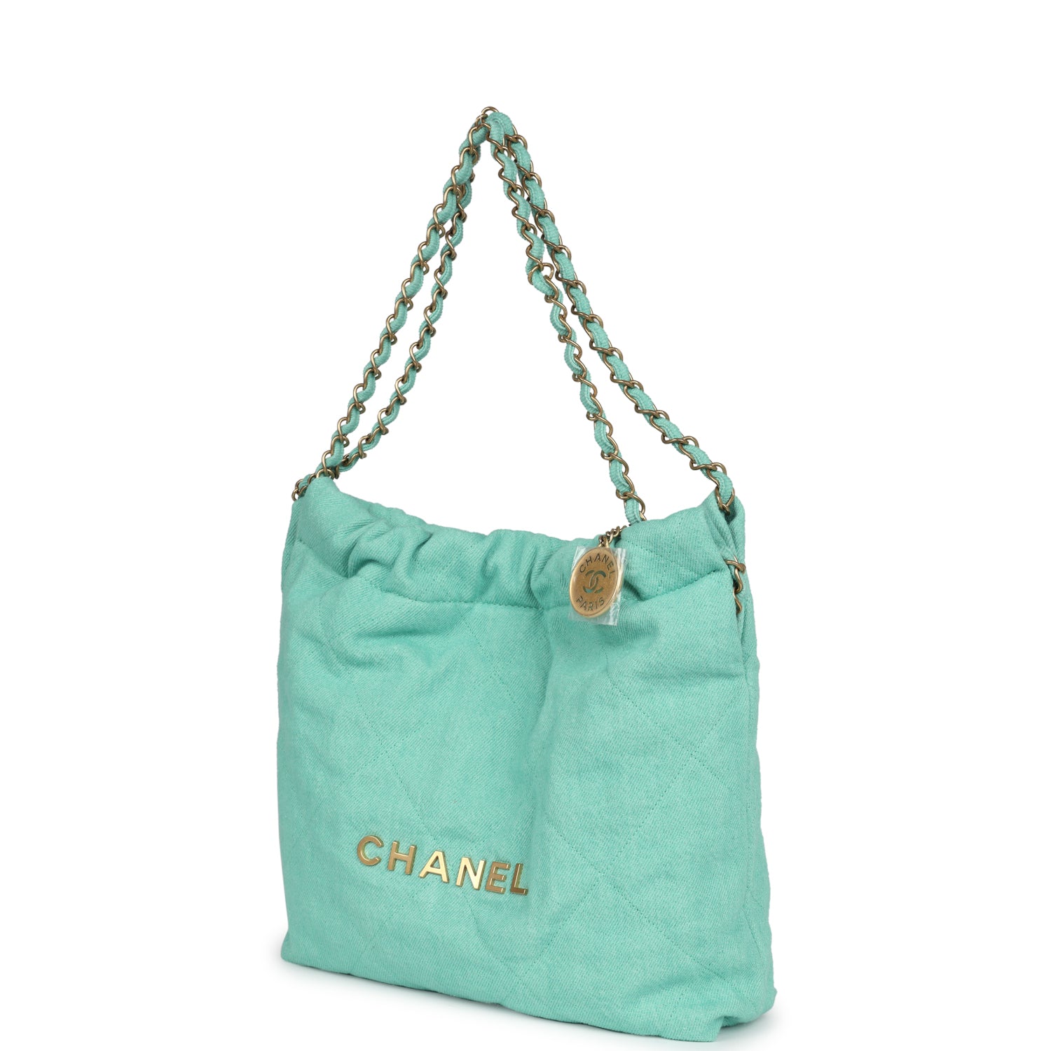 Small 22 Bag Light Green Washed Denim Gold Hardware