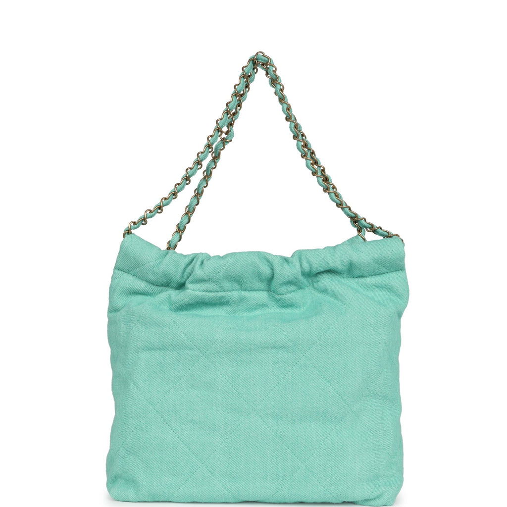 Small 22 Bag Light Green Washed Denim Gold Hardware
