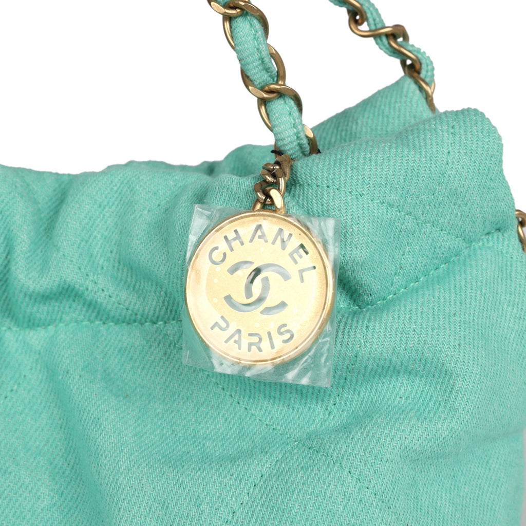 Small 22 Bag Light Green Washed Denim Gold Hardware