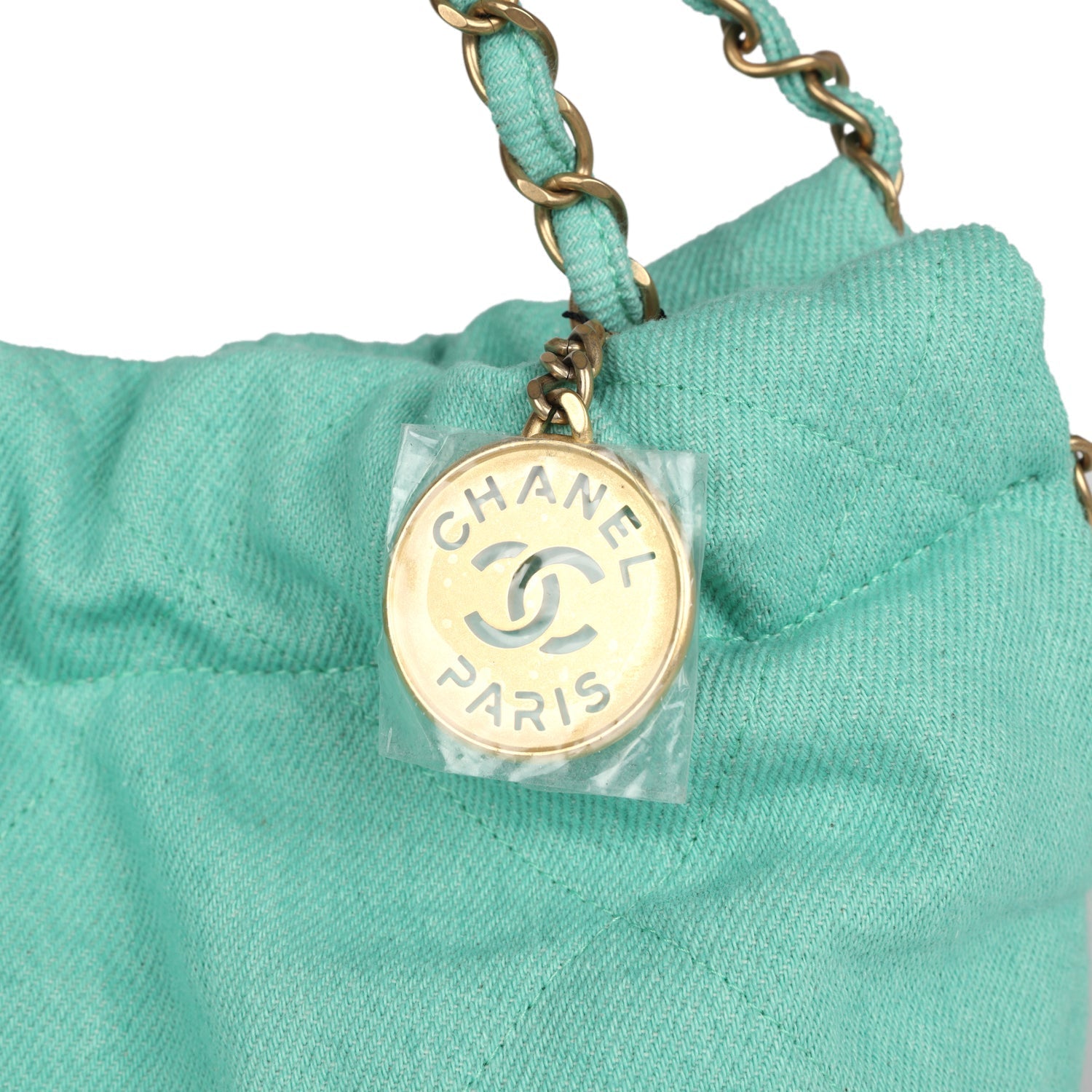 Small 22 Bag Light Green Washed Denim Gold Hardware