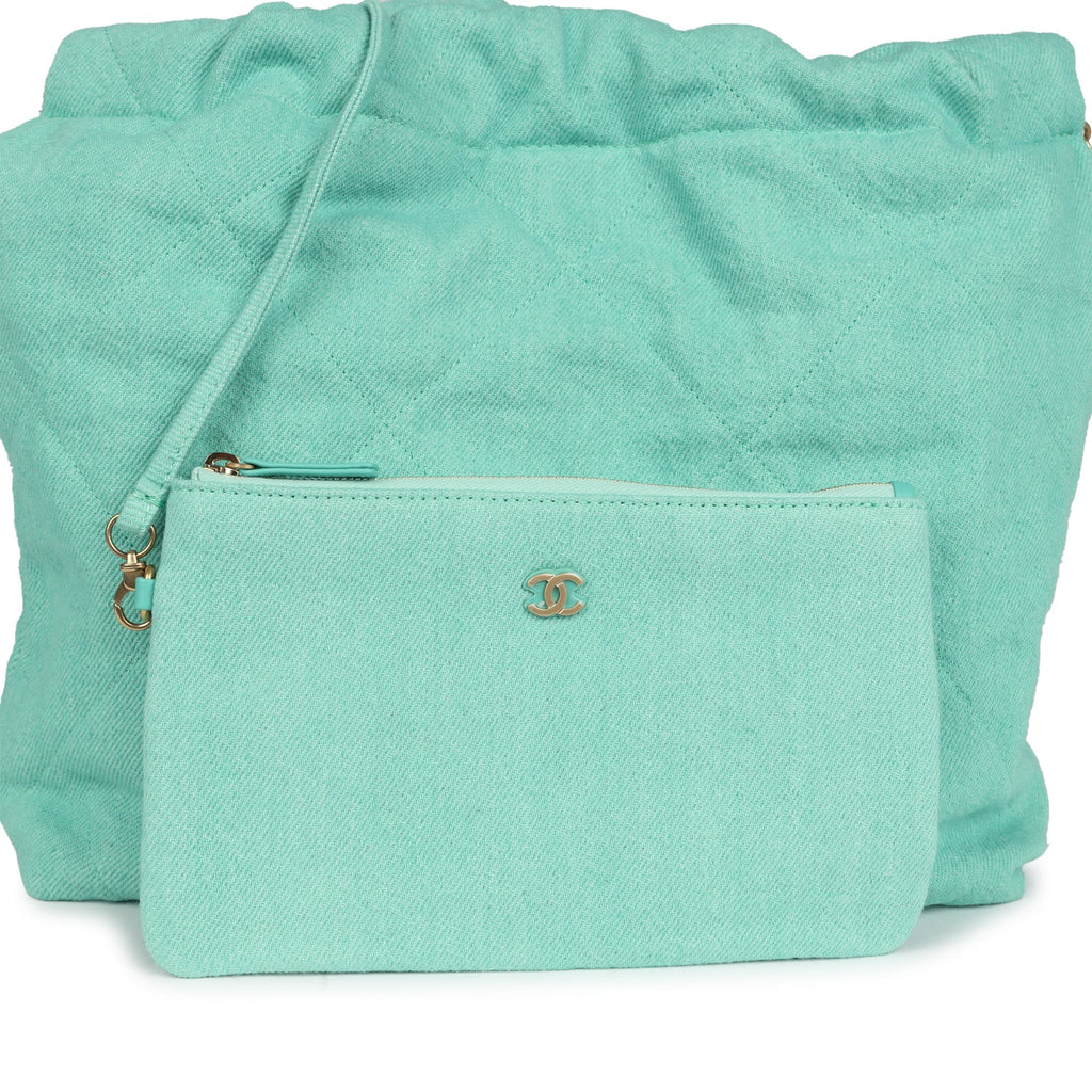 Small 22 Bag Light Green Washed Denim Gold Hardware