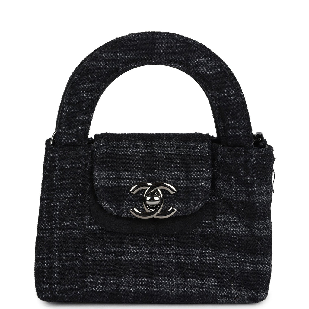 Nano Kelly Shopper Black and Grey Printed Denim Ruthenium Hardware