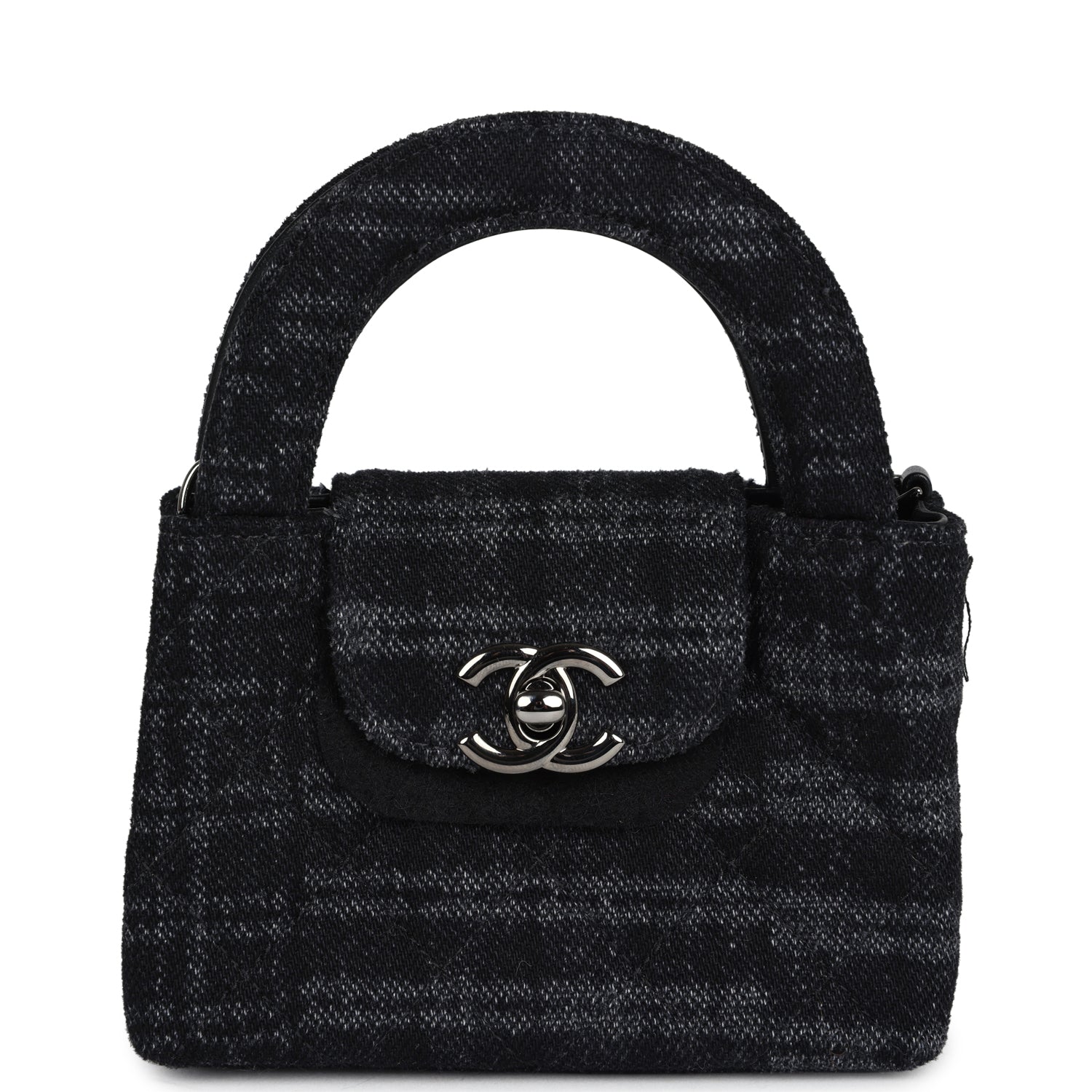 Nano Kelly Shopper Black and Grey Printed Denim Ruthenium Hardware