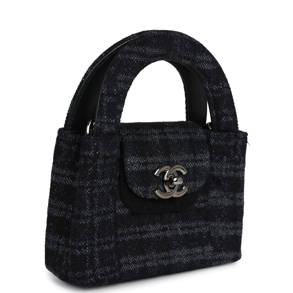 Nano Kelly Shopper Black and Grey Printed Denim Ruthenium Hardware