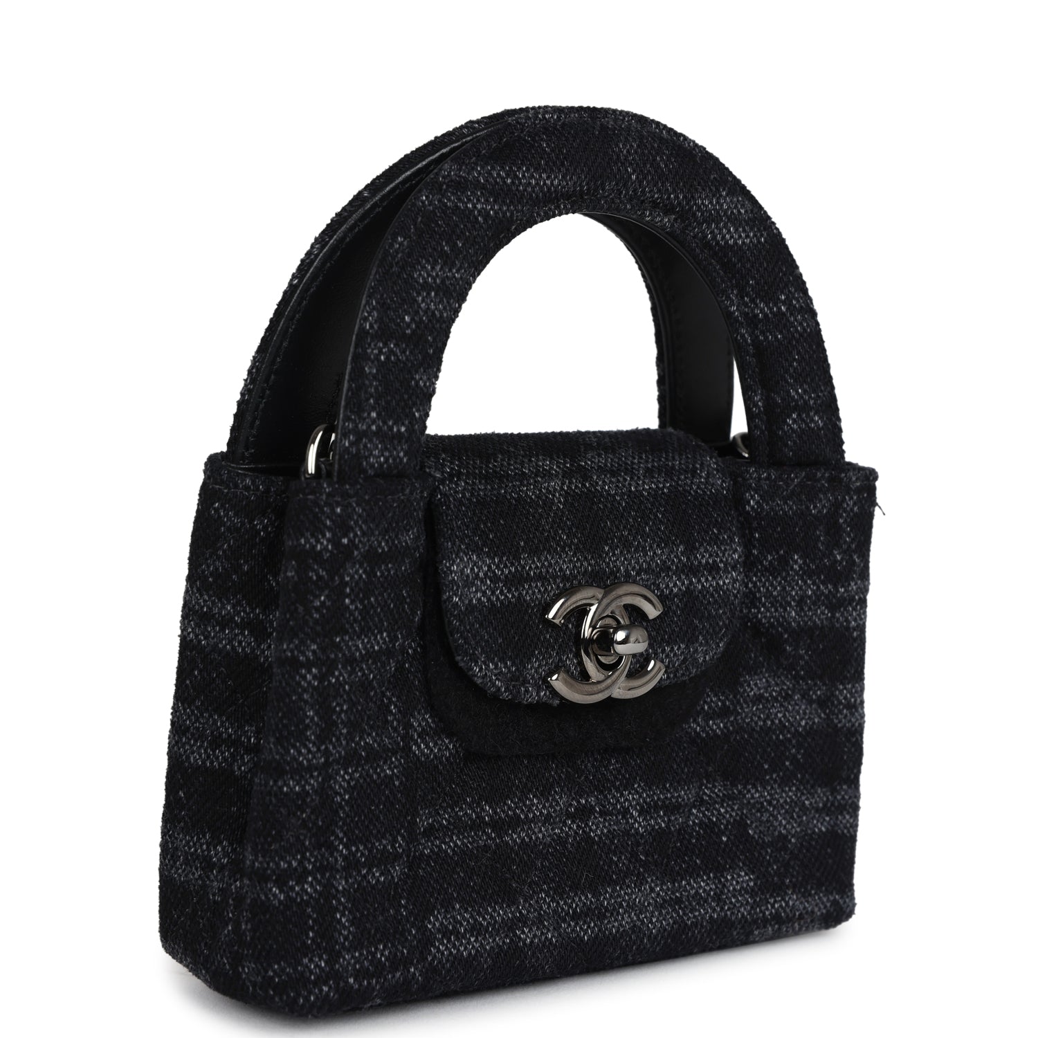 Nano Kelly Shopper Black and Grey Printed Denim Ruthenium Hardware