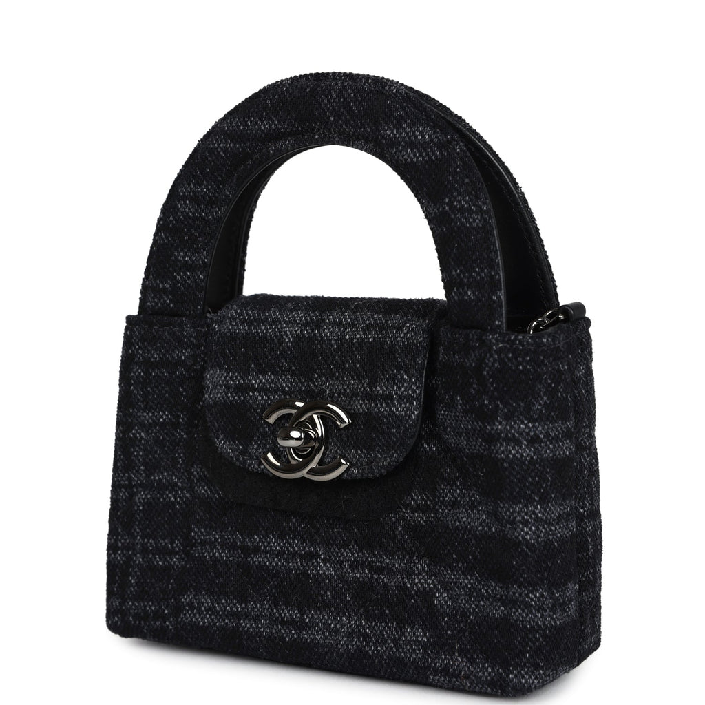 Nano Kelly Shopper Black and Grey Printed Denim Ruthenium Hardware
