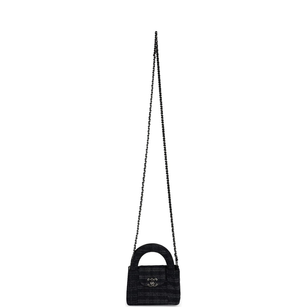 Nano Kelly Shopper Black and Grey Printed Denim Ruthenium Hardware