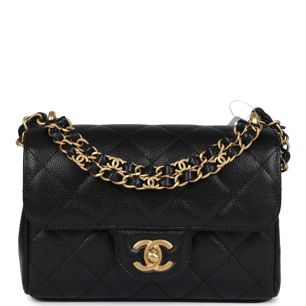 Mini Top Handle Flap Bag Black Grained Calfskin Brushed Gold Hardware