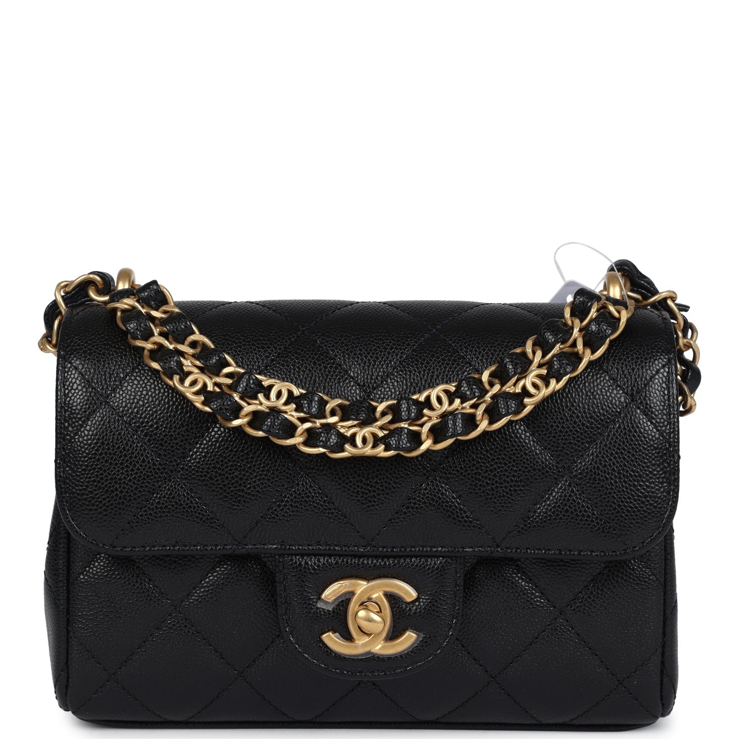 Mini Top Handle Flap Bag Black Grained Calfskin Brushed Gold Hardware