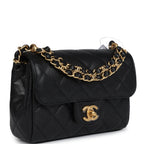 Mini Top Handle Flap Bag Black Grained Calfskin Brushed Gold Hardware