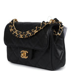 Mini Top Handle Flap Bag Black Grained Calfskin Brushed Gold Hardware