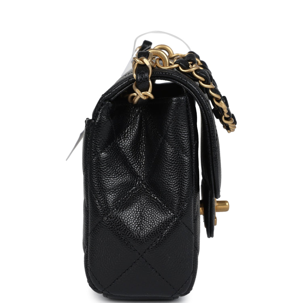Mini Top Handle Flap Bag Black Grained Calfskin Brushed Gold Hardware