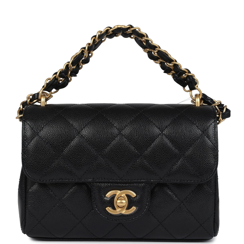 Mini Top Handle Flap Bag Black Grained Calfskin Brushed Gold Hardware