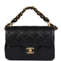 Mini Top Handle Flap Bag Black Grained Calfskin Brushed Gold Hardware