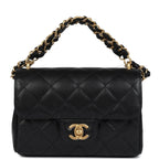 Mini Top Handle Flap Bag Black Grained Calfskin Brushed Gold Hardware