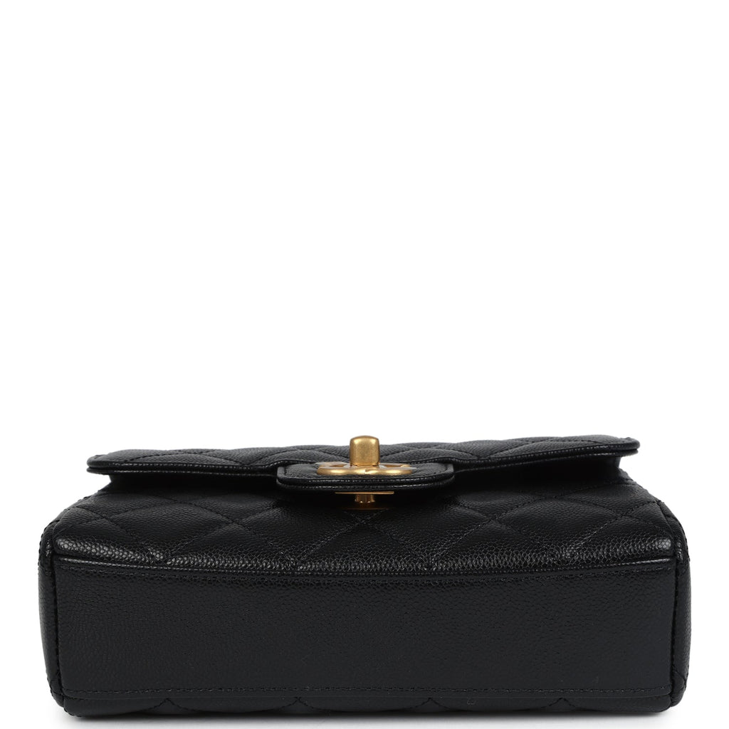 Mini Top Handle Flap Bag Black Grained Calfskin Brushed Gold Hardware