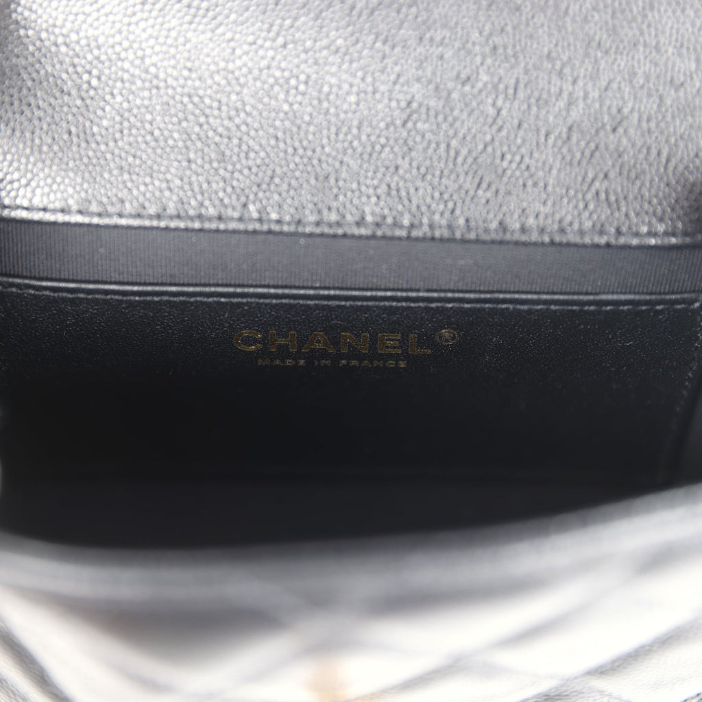 Mini Top Handle Flap Bag Black Grained Calfskin Brushed Gold Hardware
