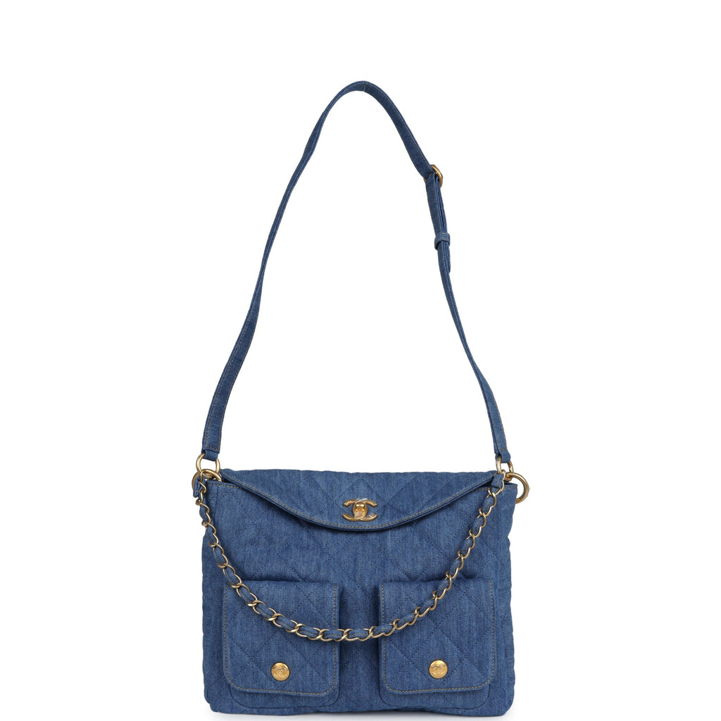 Large Supple Twins Hobo Bag Blue Denim Brushed Gold Hardware