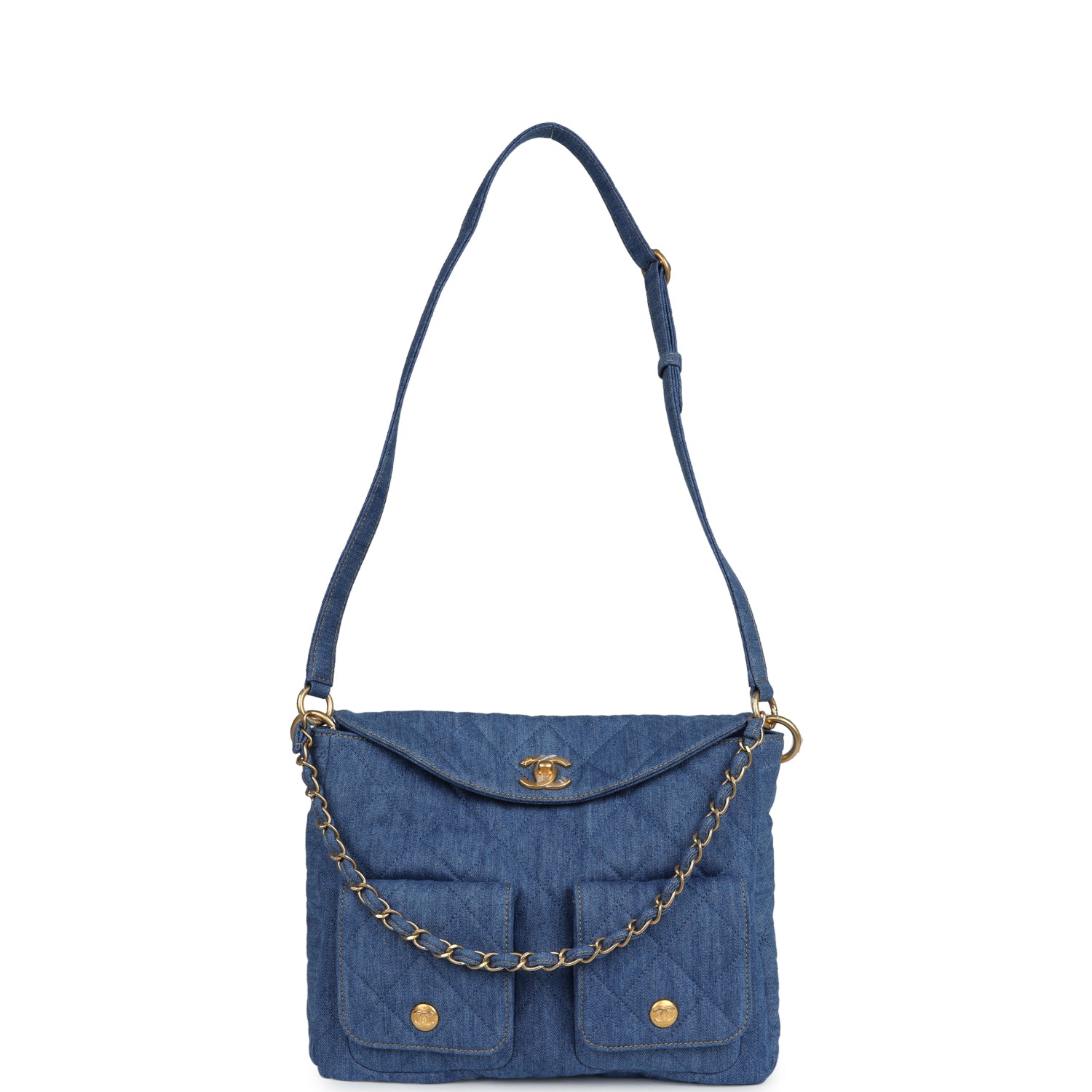 Large Supple Twins Hobo Bag Blue Denim Brushed Gold Hardware
