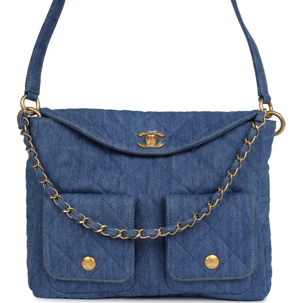 Large Supple Twins Hobo Bag Blue Denim Brushed Gold Hardware