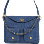 Large Supple Twins Hobo Bag Blue Denim Brushed Gold Hardware