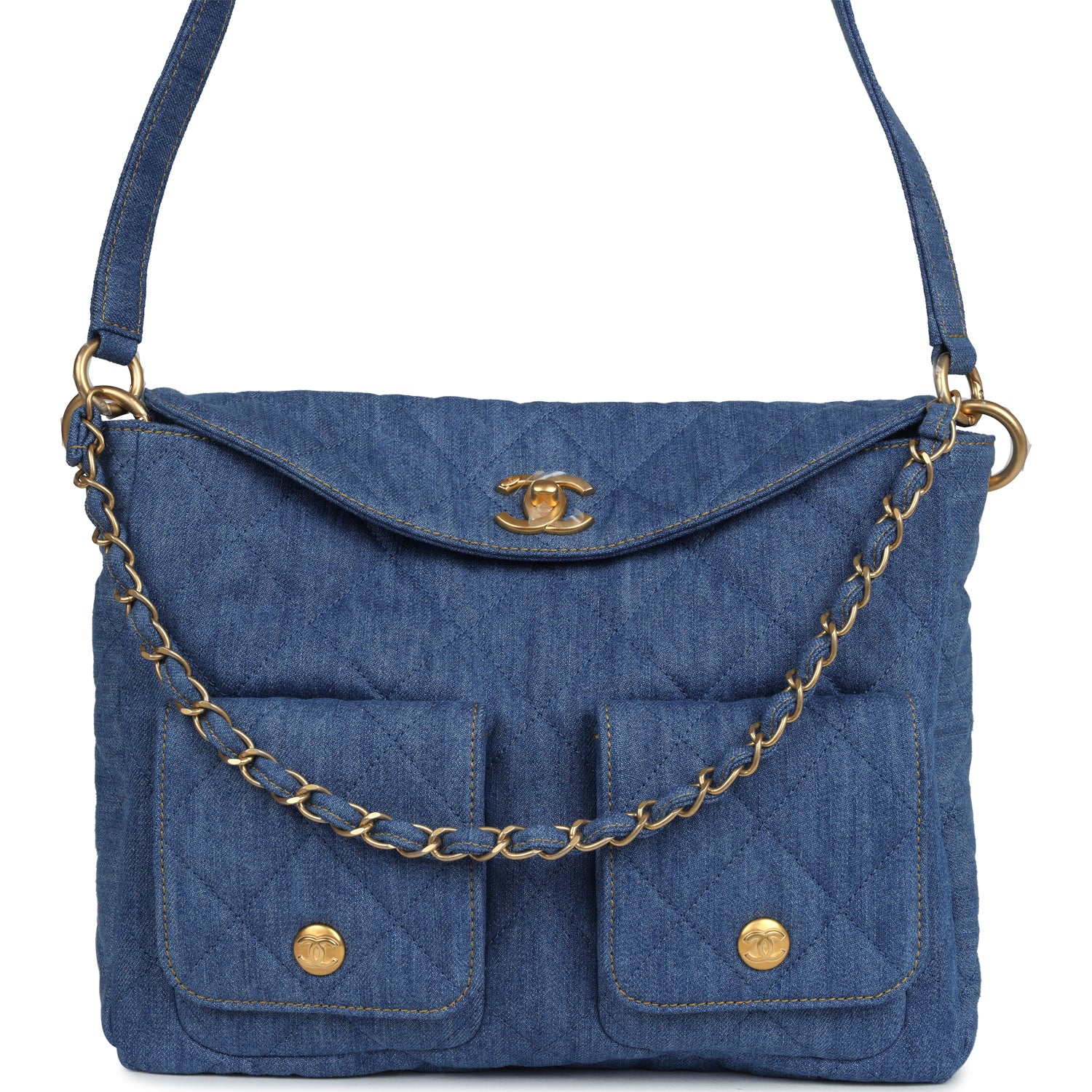 Large Supple Twins Hobo Bag Blue Denim Brushed Gold Hardware