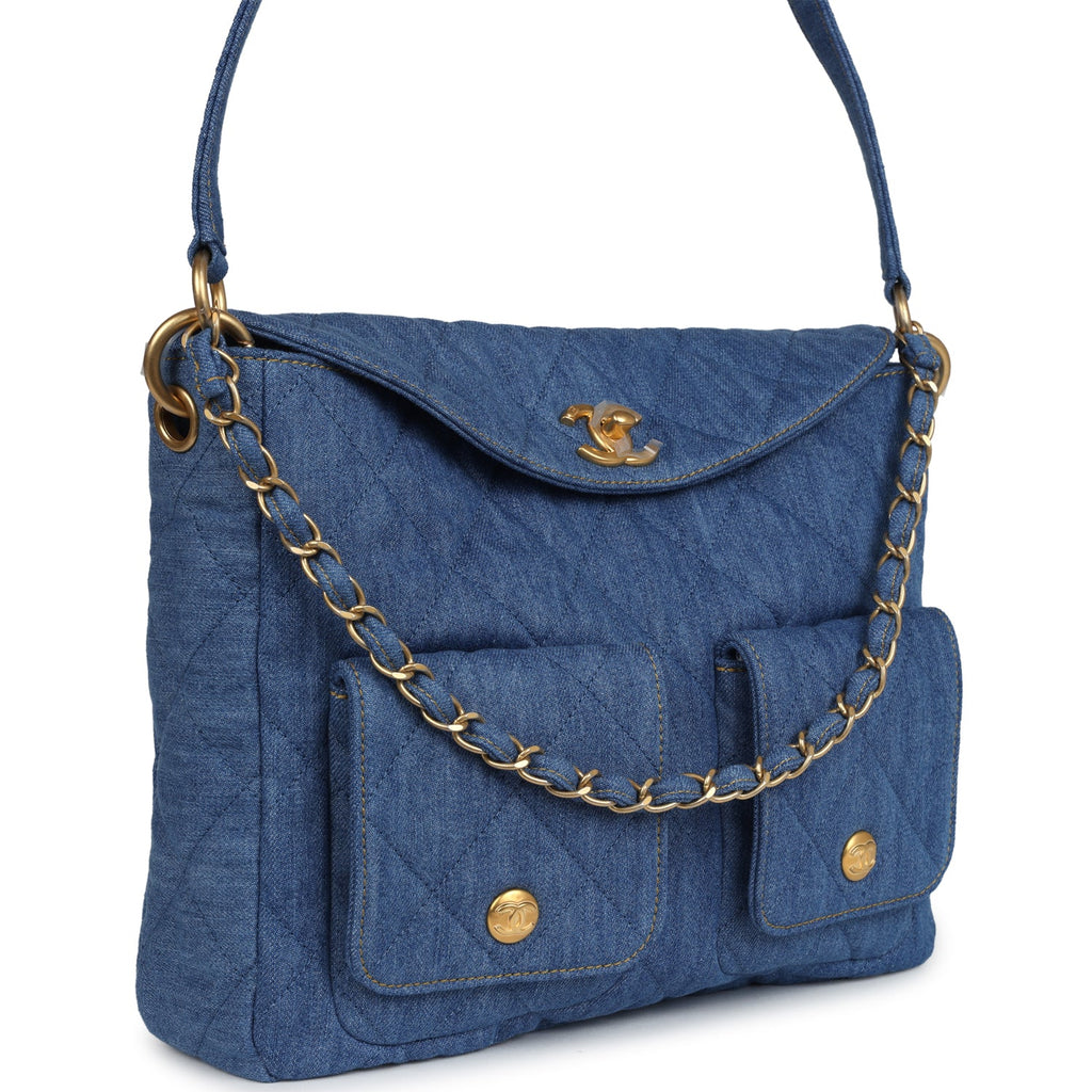 Large Supple Twins Hobo Bag Blue Denim Brushed Gold Hardware