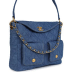 Large Supple Twins Hobo Bag Blue Denim Brushed Gold Hardware
