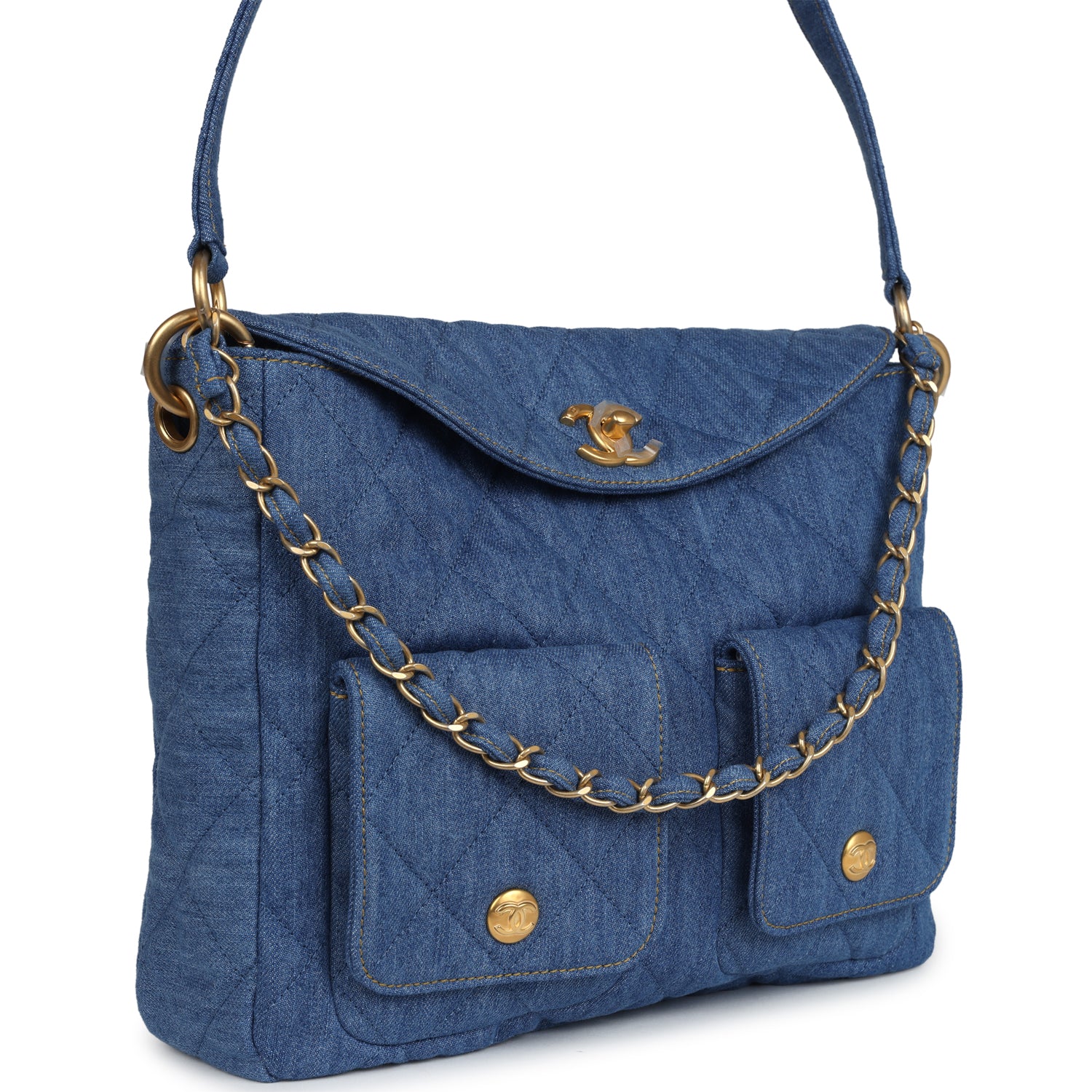 Large Supple Twins Hobo Bag Blue Denim Brushed Gold Hardware