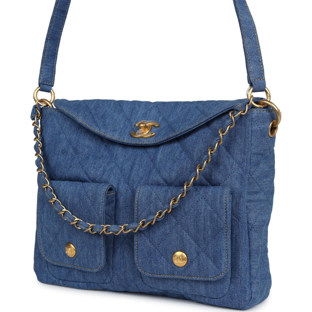 Large Supple Twins Hobo Bag Blue Denim Brushed Gold Hardware