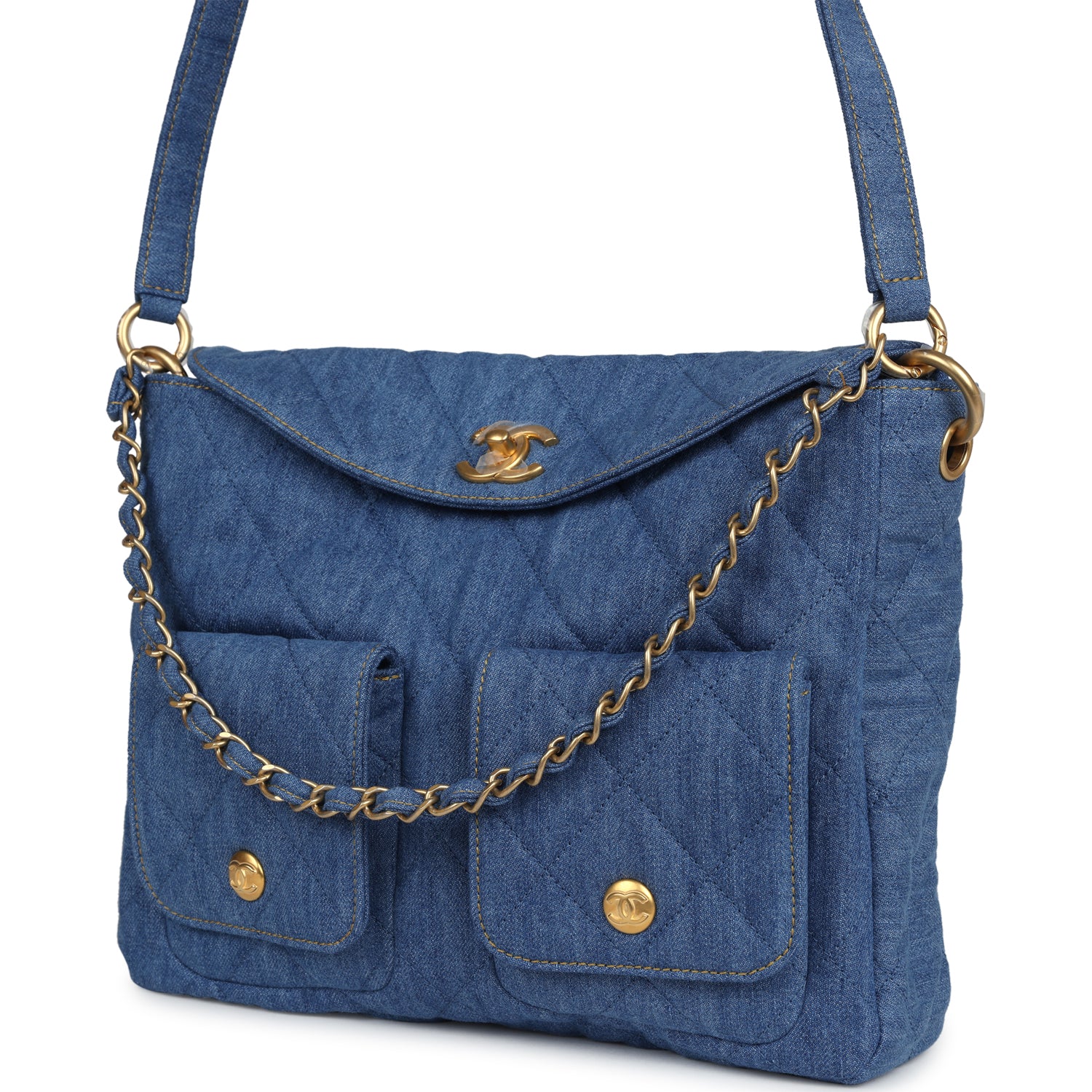 Large Supple Twins Hobo Bag Blue Denim Brushed Gold Hardware