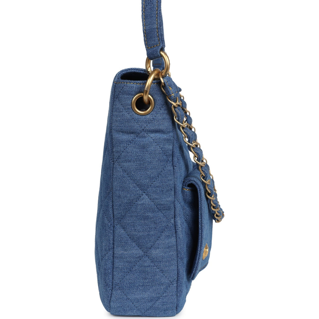Large Supple Twins Hobo Bag Blue Denim Brushed Gold Hardware