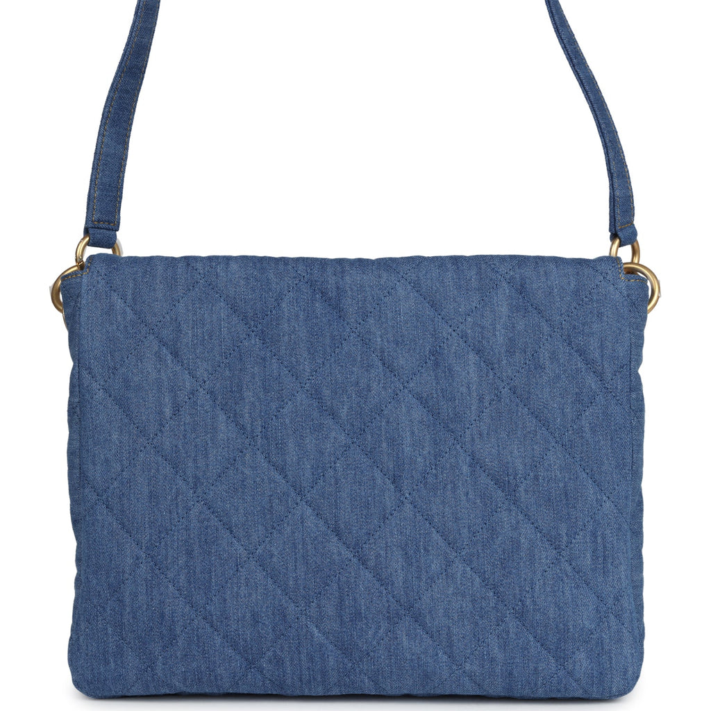 Large Supple Twins Hobo Bag Blue Denim Brushed Gold Hardware
