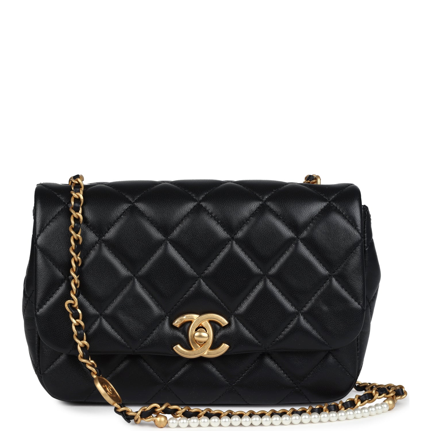 Mini Pearly Chain Flap Bag Black Lambskin Brushed Gold Hardware