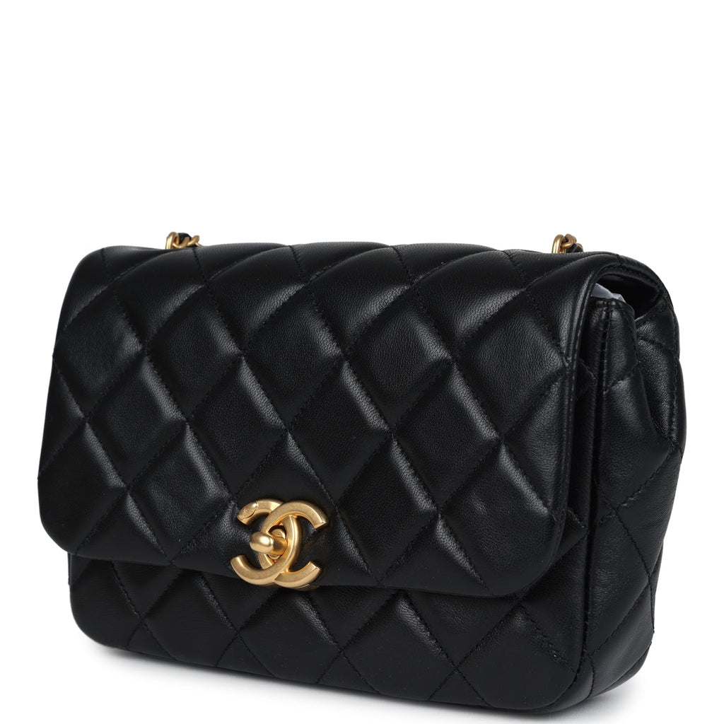 Mini Pearly Chain Flap Bag Black Lambskin Brushed Gold Hardware