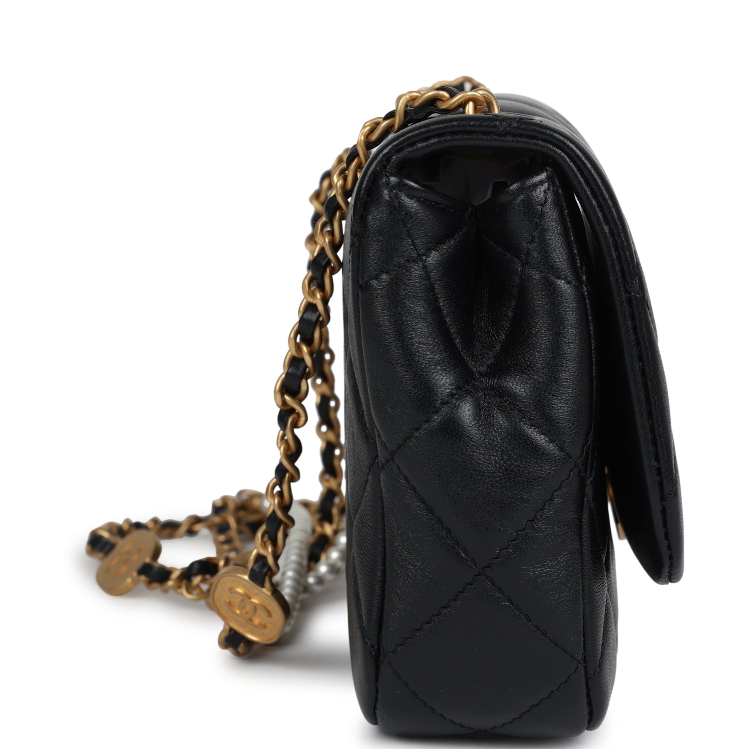 Mini Pearly Chain Flap Bag Black Lambskin Brushed Gold Hardware