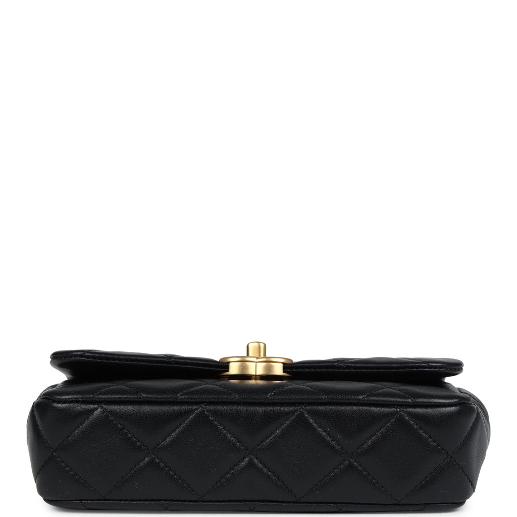 Mini Pearly Chain Flap Bag Black Lambskin Brushed Gold Hardware
