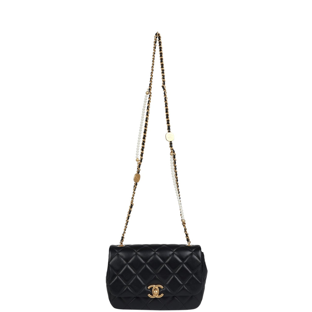 Mini Pearly Chain Flap Bag Black Lambskin Brushed Gold Hardware