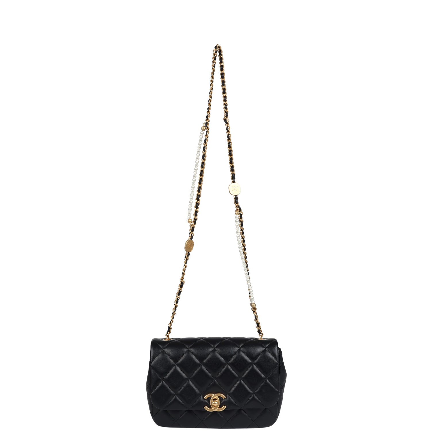 Mini Pearly Chain Flap Bag Black Lambskin Brushed Gold Hardware