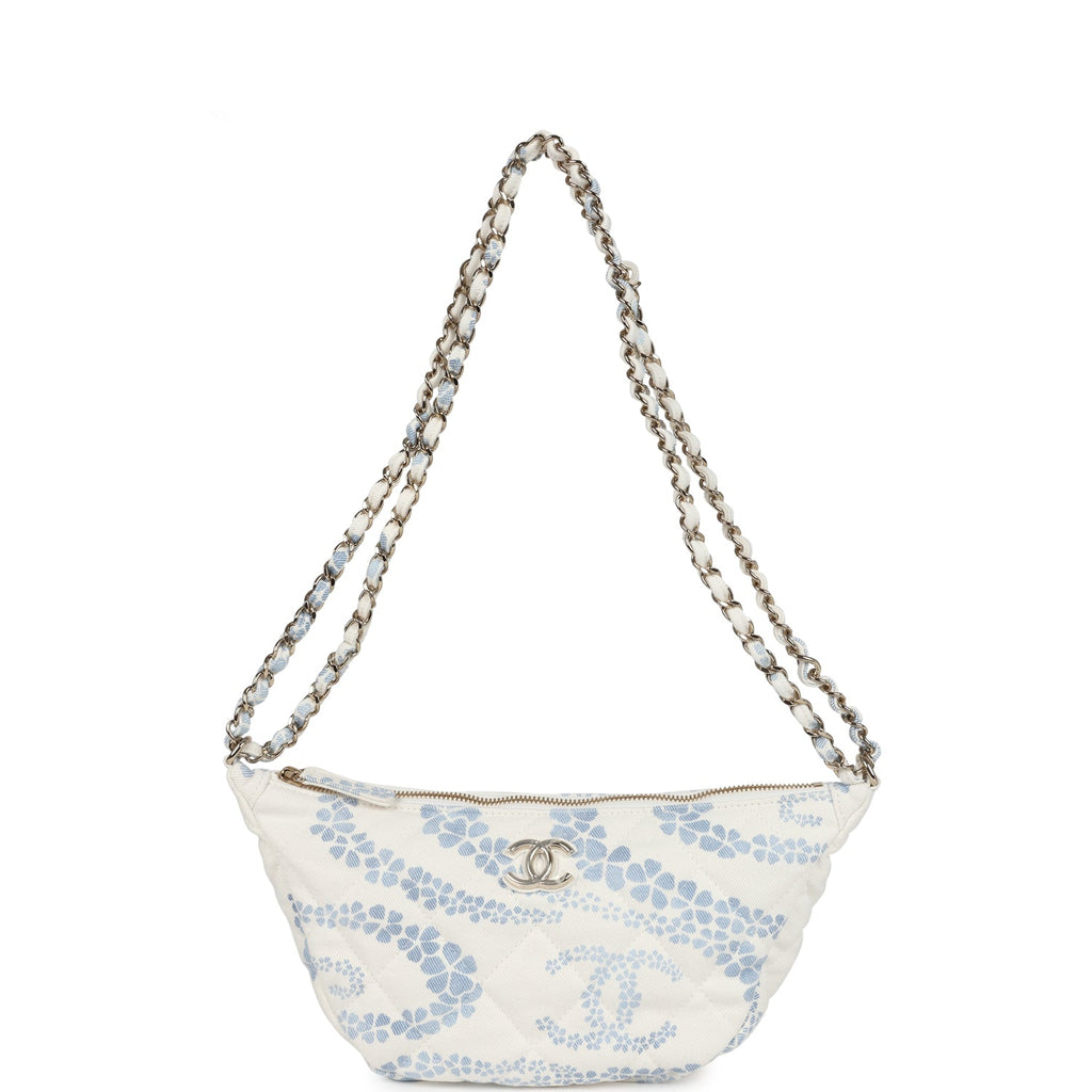 Large Coco Beach Hobo Bag in White and Blue Denim Light Gold Hardware